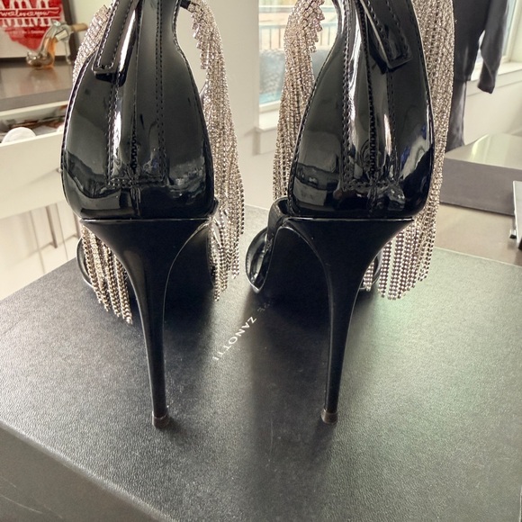 Giuseppe Zanotti Black Patent Leather Crystal Fringe Ankle Strap Heels - Picture 5 of 7